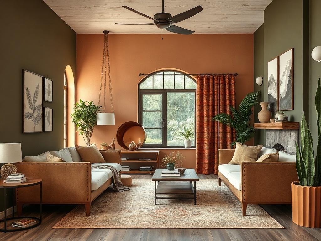 A beautifully designed interior space showcasing a cozy living room with a blend of deep olive green walls and warm terracotta accents. The room features elegant furniture, soft textures, and ambient lighting, creating an inviting atmosphere. Include plants for a touch of nature and a calming aesthetic. The composition should focus on the overall harmony of colors and textures, emphasizing the warmth and sophistication of the space.
