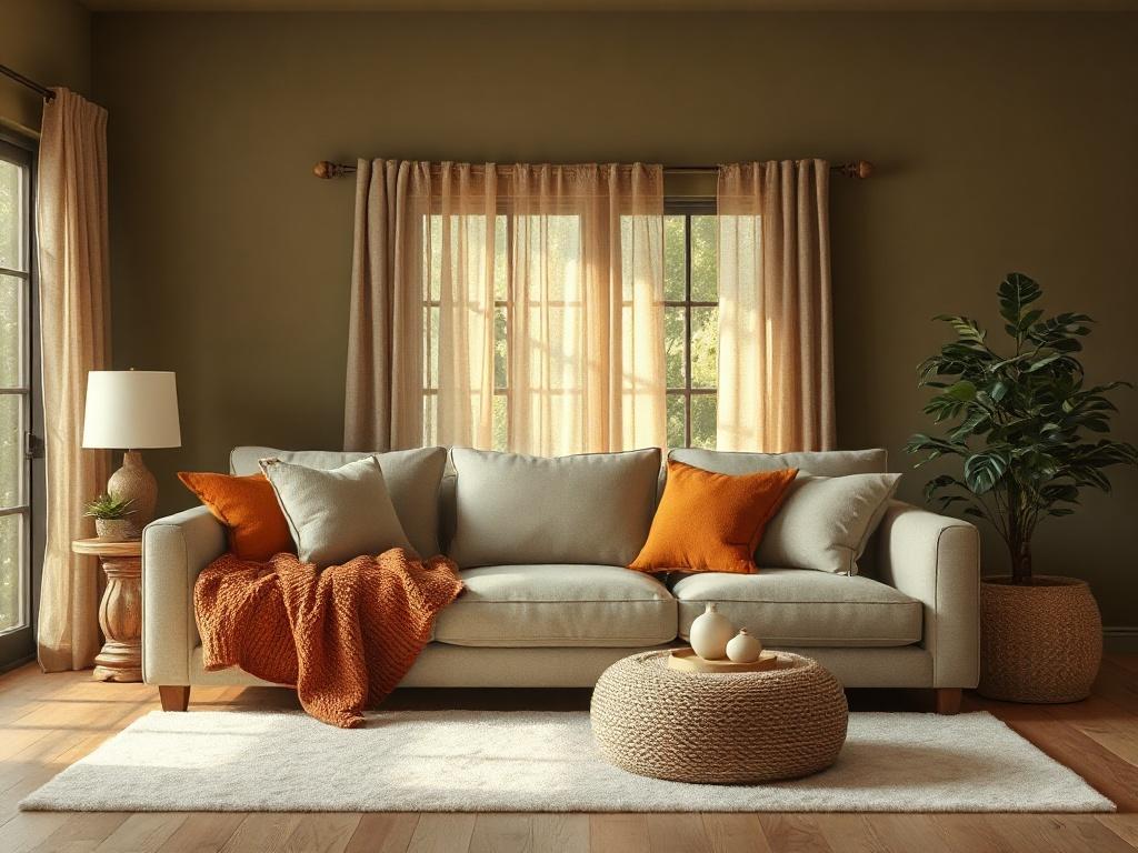 Create a realistic high-resolution photo that captures the essence of "Emotional Resonance in Interior Design." The composition should be simple and clear, focusing on a single subject: a serene and thoughtfully designed living room. 

The living room should feature rich earthy tones, such as deep olive green for the walls, complemented by warm terracotta accents in throw pillows and a soft cream area rug. A large, plush sofa should be positioned centrally, adorned with cozy, textured blankets that invite r