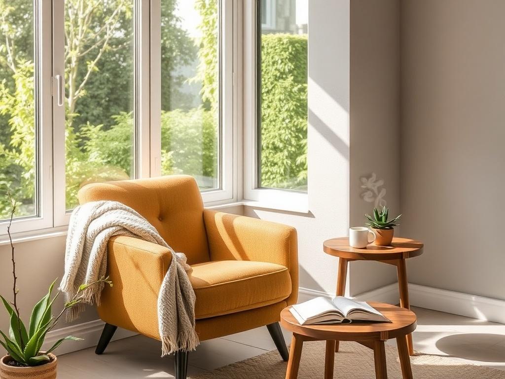 Create a realistic high-resolution image to illustrate the blog titled "Designing for Well-Being." The composition should focus on a single subject that embodies the concept of thoughtful interior design promoting emotional health. 

**Subject Matter:** Feature a serene reading nook nestled in a sunlit corner of a modern interior space. The nook should include a comfortable, stylish armchair upholstered in earthy tones like soft olive green or warm terracotta. A plush throw blanket is gently draped over one