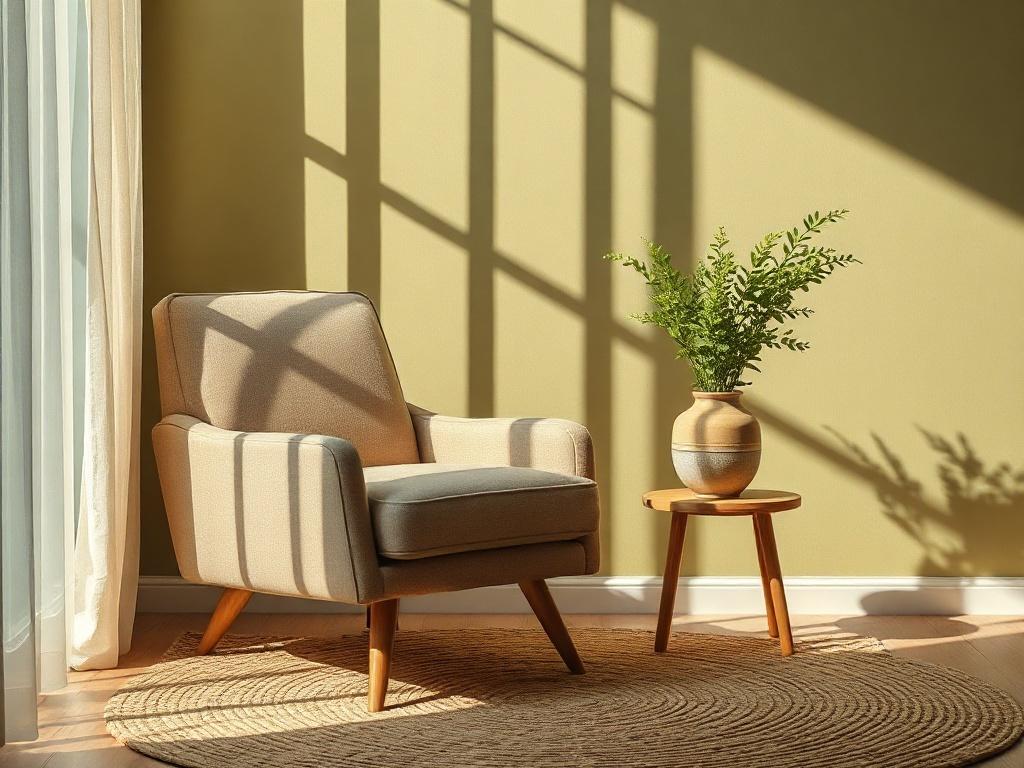 Create a realistic high-resolution photo that embodies the essence of a blog titled "Discover Your Design Energy." The composition should focus on a single, striking subject: a serene and beautifully styled living room corner that reflects a harmonious design aesthetic. The room should feature a cozy armchair upholstered in soft, earthy fabric, positioned next to a small wooden side table adorned with a stylish ceramic vase filled with lush greenery, symbolizing growth and vitality.

The background should b