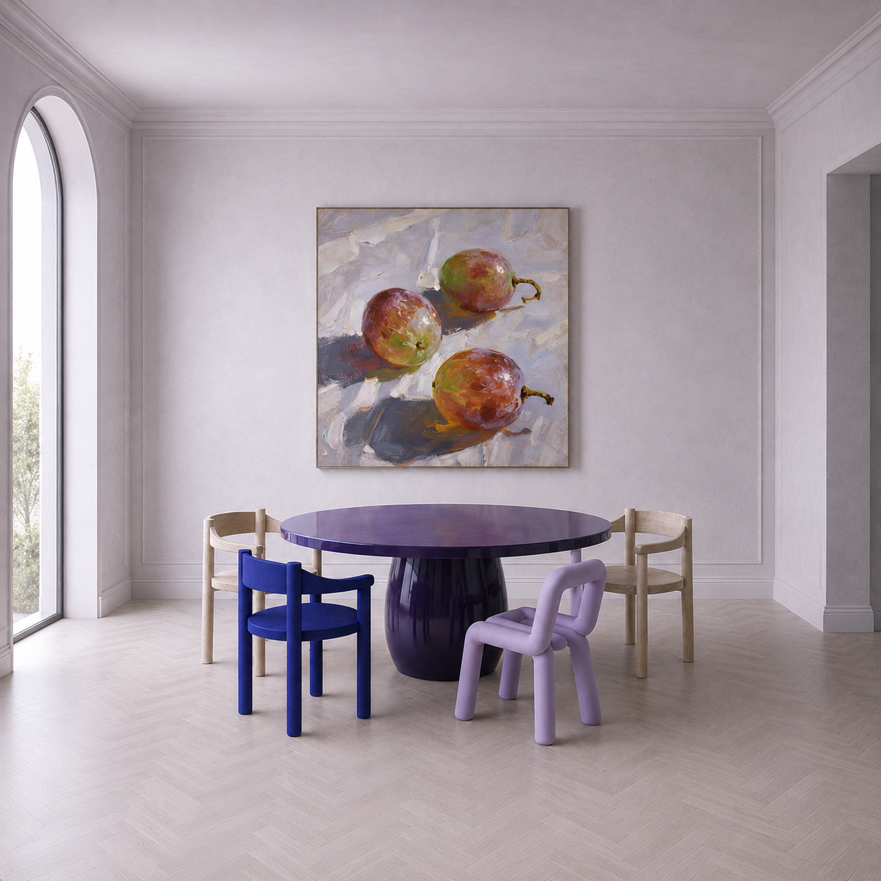 modern small dining room with grapes painting .png