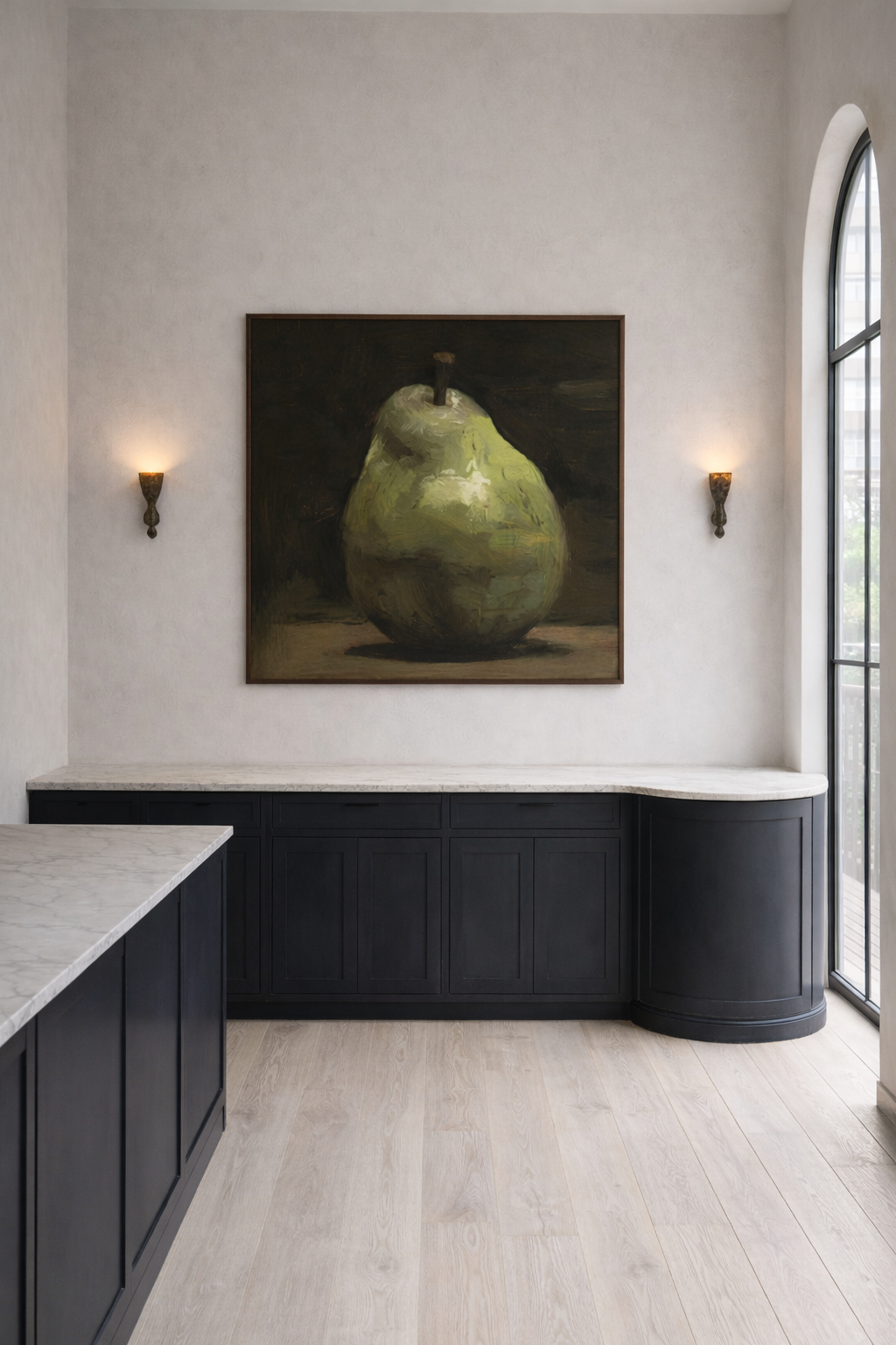 black cabinet kitchen with pear artwork.png