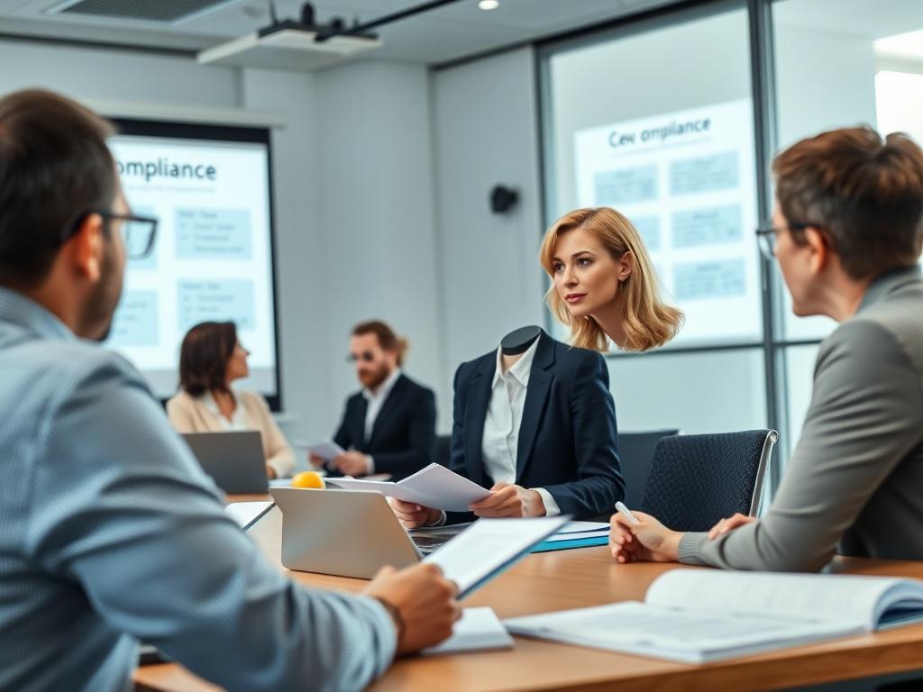 A focused businesswoman leading a compliance training session in a