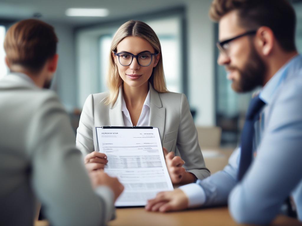 A close-up shot of a business consultant presenting a compliance document to a client in a modern office setting, with a focus on the document and facial expressions, shot with a 45mm f/1.2 lens.