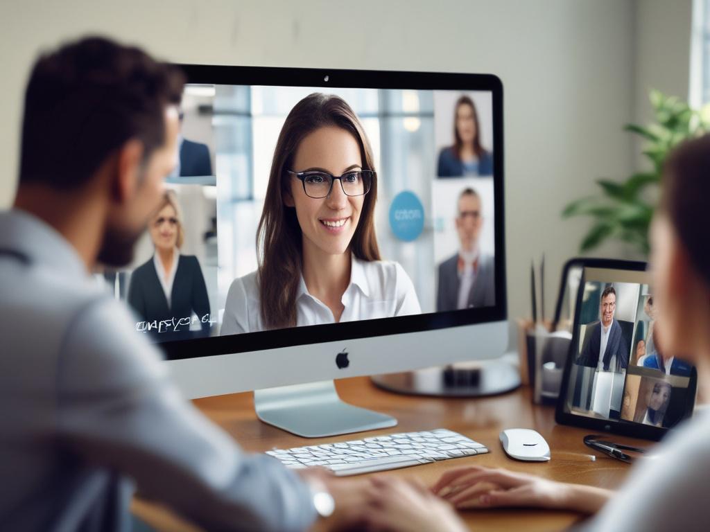A focused image of a virtual mentoring session, depicting a professional consultant speaking to a screen filled with engaged participants, symbolizing online collaboration and learning, shot with a 45mm f/1.2 lens.