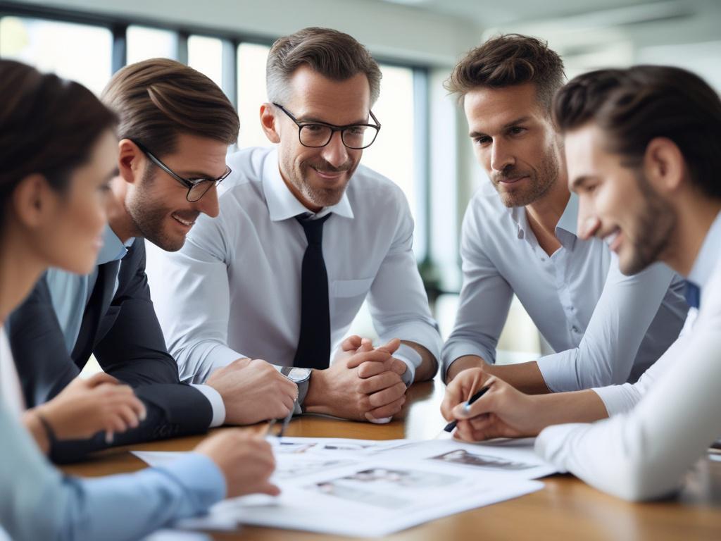 An engaging image showing a diverse team of professionals collaborating over a compliance strategy document in a bright, modern meeting room, with a focus on teamwork and discussion, shot with a 45mm f/1.2 lens.