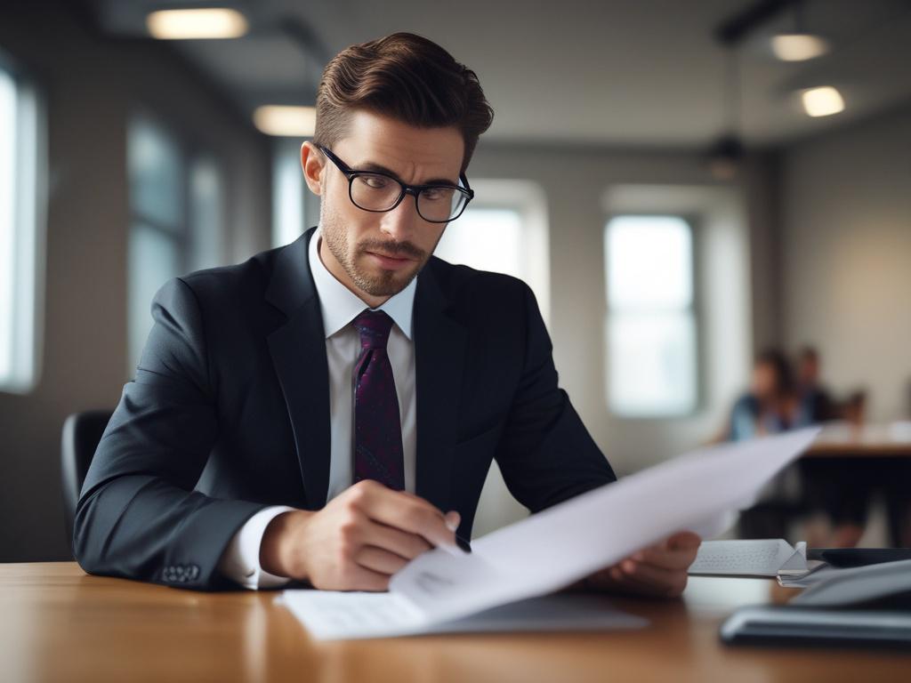 realistic high-resolution close-up photo of a business professional reviewing a report, with a calm and focused expression, in an office setting, soft lighting, background with blurred office elements, high-quality detail, RGB color (56, 174, 206)