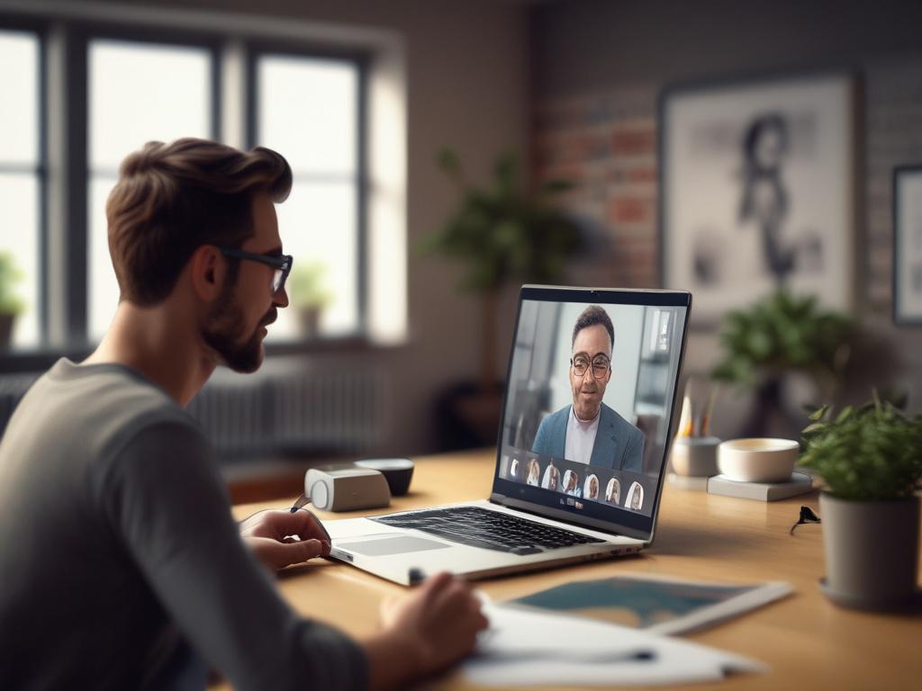 A close-up shot of a mentor conducting an online training session. The mentor is engaged and animated, speaking to a laptop screen with participants visible in small windows. The setting is a bright, modern home office with books and plants in the background, conveying a sense of professionalism and warmth.