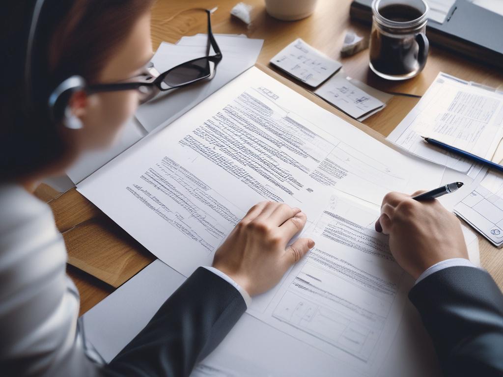 A close-up shot of a business consultant reviewing documents related to data protection compliance. The consultant is focused, with a pen in hand, surrounded by modern office elements like a laptop and a plant. The background is softly blurred, emphasizing the consultant and the documents. The lighting is bright and professional, creating an atmosphere of diligence and expertise.