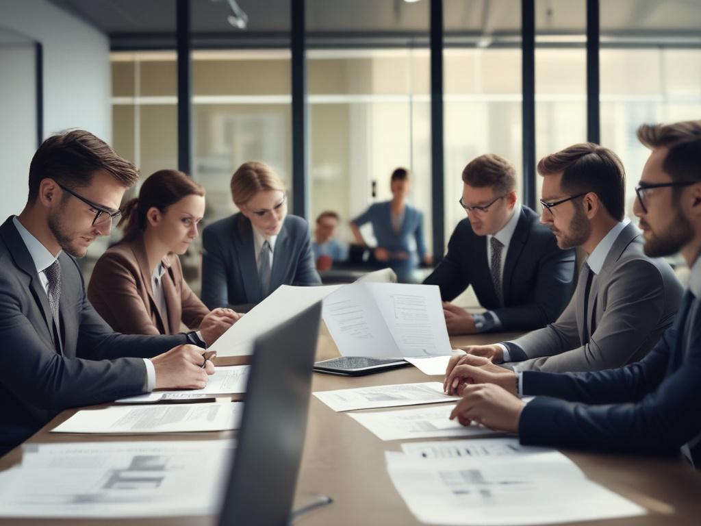 A hyper-realistic close-up shot of a consultant reviewing data protection compliance documents with a group of professionals in a conference room. The images display engaged faces and a laptop open on the table. The background features a modern conference room with glass walls.
