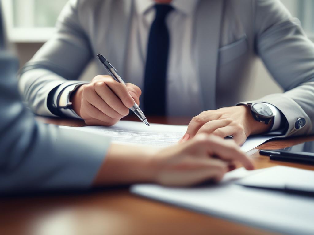 A close-up shot of a professional consultant in a modern office setting, reviewing compliance documents on a table. The consultant is focused, showing determination and expertise. The background features a clean and organized workspace with a soft-focus effect, highlighting the professionalism of the environment. The color scheme should incorporate the rgb(56, 174, 206) primary color subtly in the decor.