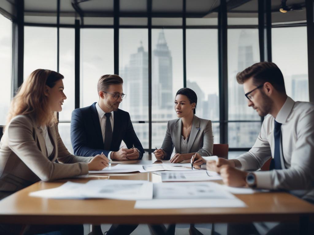 A close-up shot of a diverse group of professionals engaged in a discussion around a conference table, with graphs and documents on the table. The setting is a modern office, with large windows allowing natural light to illuminate the room. The focus is on the expressions of collaboration and engagement among the team members, showcasing a strong sense of teamwork and commitment to governance and public management. The image should be high-resolution, shot with a 45mm f/1.2 lens style, emphasizing the reali