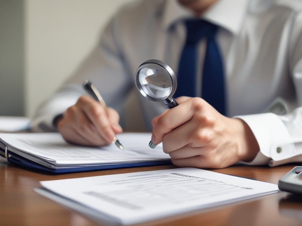 close-up shot of a compliance auditor examining documents with a magnifying glass, professional office setting, clean desk, realistic high-resolution image, focus on the auditor's hands and the documents, background blurred, RGB color 56, 174, 206
