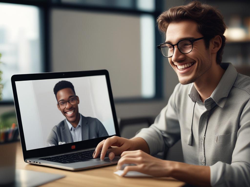 A close-up shot of a mentor engaging with participants during a virtual training session via video conference. The mentor is smiling and animated, with a laptop displaying the video call on the screen. The background is cozy and inviting, reflecting a home office setting.