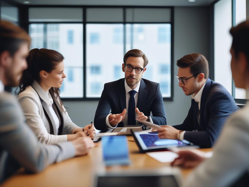 An image of a consultant explaining compliance strategies to a small group in a modern conference room. The focus is on the consultant, who is using a digital tablet to present information. The background features a large screen with data charts, creating a professional and engaging environment.