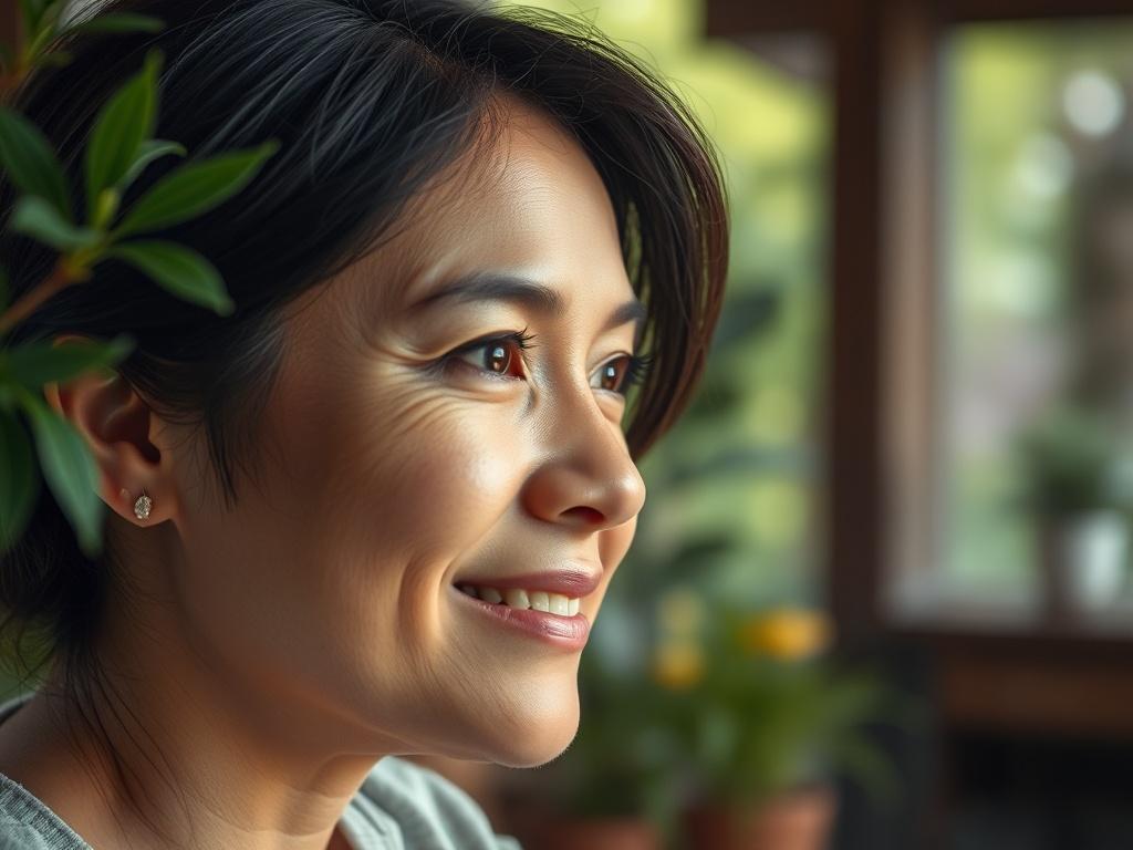 A close-up shot of a person reflecting thoughtfully in a serene setting, perhaps a park or a quiet room. The individual appears contemplative, with a soft smile, symbolizing hope and recovery. The background includes lush greenery or calming decor, creating an atmosphere of tranquility and renewal. Focus on the individual’s expression, capturing the essence of personal growth and healing during a challenging time.