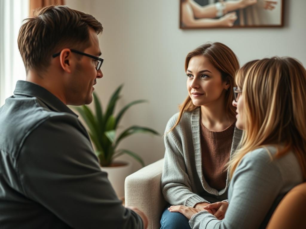 A close-up shot of a therapist and a client engaged in a heartfelt conversation in a calming counseling room. The therapist listens attentively, conveying empathy and understanding. The setting is warm and inviting, with soft lighting and comfortable seating. Focus on the connection between the two, capturing the essence of healing and support in a therapeutic environment.