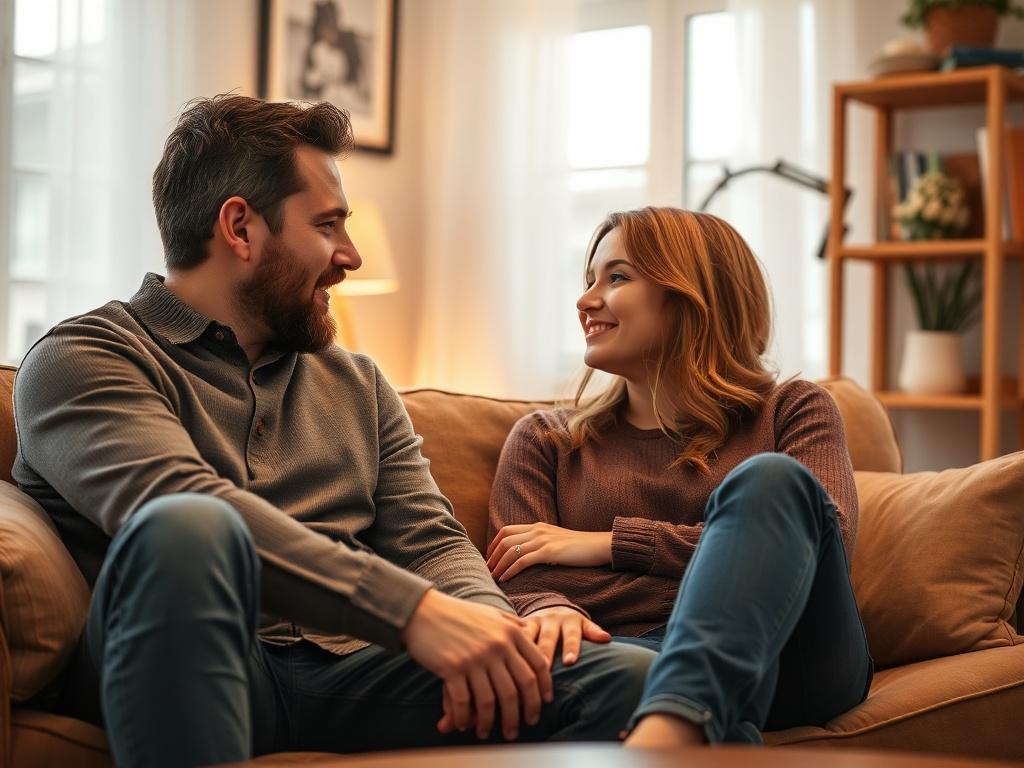 A close-up shot of a couple sitting together on a couch in a cozy counseling office. The couple is engaged in conversation, showing expressions of understanding and empathy. The room has warm lighting and comforting decor, creating a safe and inviting atmosphere. Focus on the intimacy of their interaction, capturing the essence of connection and healing in a counseling setting.