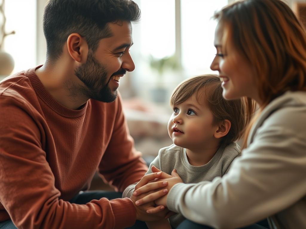 A close-up shot of a compassionate parent kneeling next to a child, both engaged in a meaningful conversation. The parent has a supportive expression, and the child looks attentive. The background is softly blurred, showing a cozy family room with warm lighting, emphasizing a nurturing and inviting atmosphere. The image should evoke feelings of trust, connection, and warmth, shot in hyper-realistic detail with a 45mm f/1.2 lens.