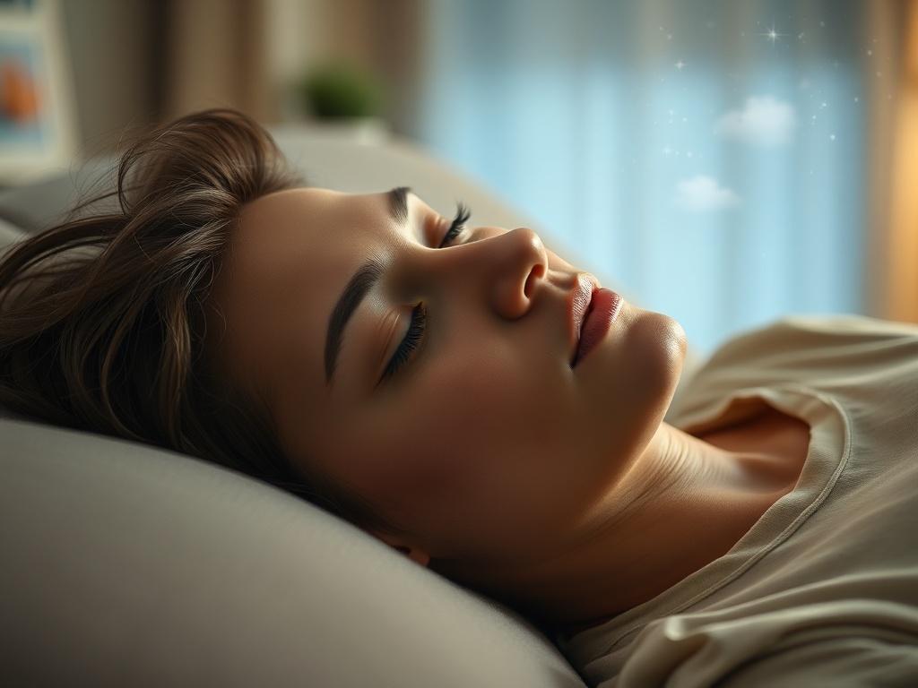A close-up shot of a serene individual lying on a couch, eyes closed, appearing thoughtful while a gentle light illuminates their face. The background is softly blurred, hinting at a cozy counseling room with calming colors. The image captures the essence of introspection and dream exploration, with a focus on the subject's peaceful expression and a hint of dream-like imagery, such as faint silhouettes of clouds and stars, subtly integrated into the background.
