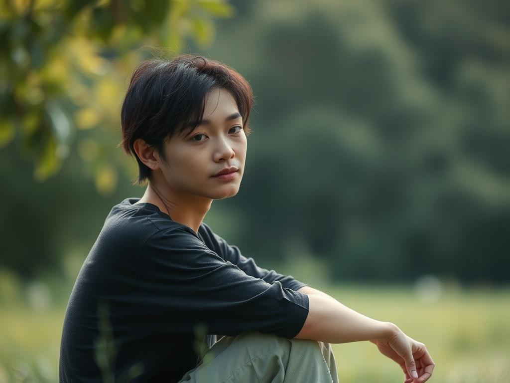 A close-up shot of a serene individual sitting in a tranquil setting, reflecting on their emotions. The person should appear contemplative, with a soft expression, in a natural environment that promotes peace and introspection. The background should be blurred, focusing on the individual, and the colors should harmonize with shades of green to evoke a sense of calm and healing.