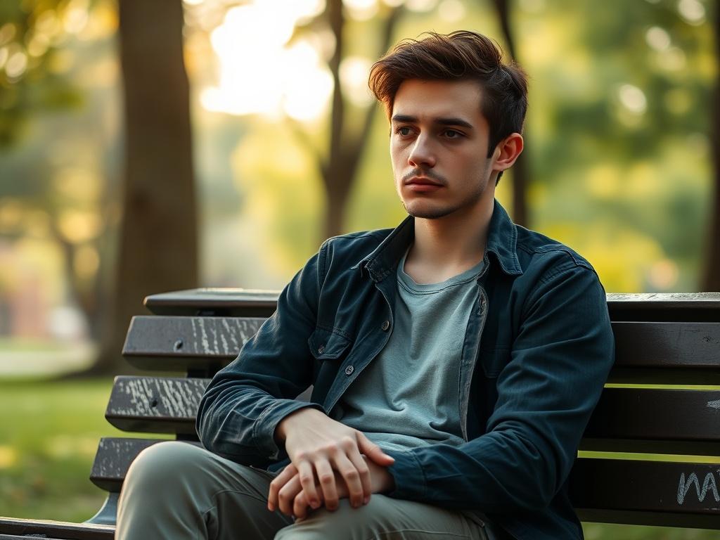 A close-up shot of a person sitting alone on a park bench, looking contemplative and reflective. The background features soft, blurred trees and greenery, creating a serene atmosphere. The individual is dressed casually, with a slight expression of sadness mixed with hope. The image should evoke feelings of introspection and the journey of healing. The lighting is warm and inviting, capturing a moment of vulnerability and strength. Shot with a 45mm f/1.2 lens.