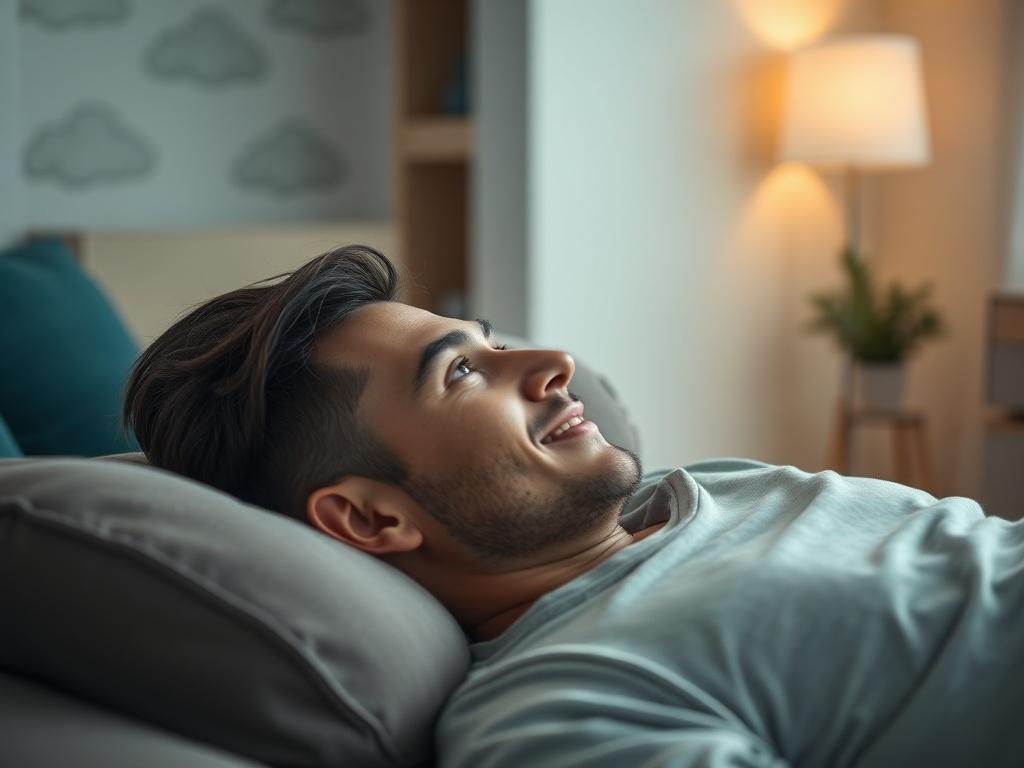 A close-up shot of a thoughtful individual lying on a couch in a serene therapy room, reflecting on their dreams. The room is softly lit, featuring a calming color palette and comfortable furnishings. The individual appears engaged and contemplative, with a slight smile, suggesting a moment of realization or insight. The background contains subtle hints of dream-related symbols, such as clouds and stars, painted on the walls, creating an inviting and introspective atmosphere.