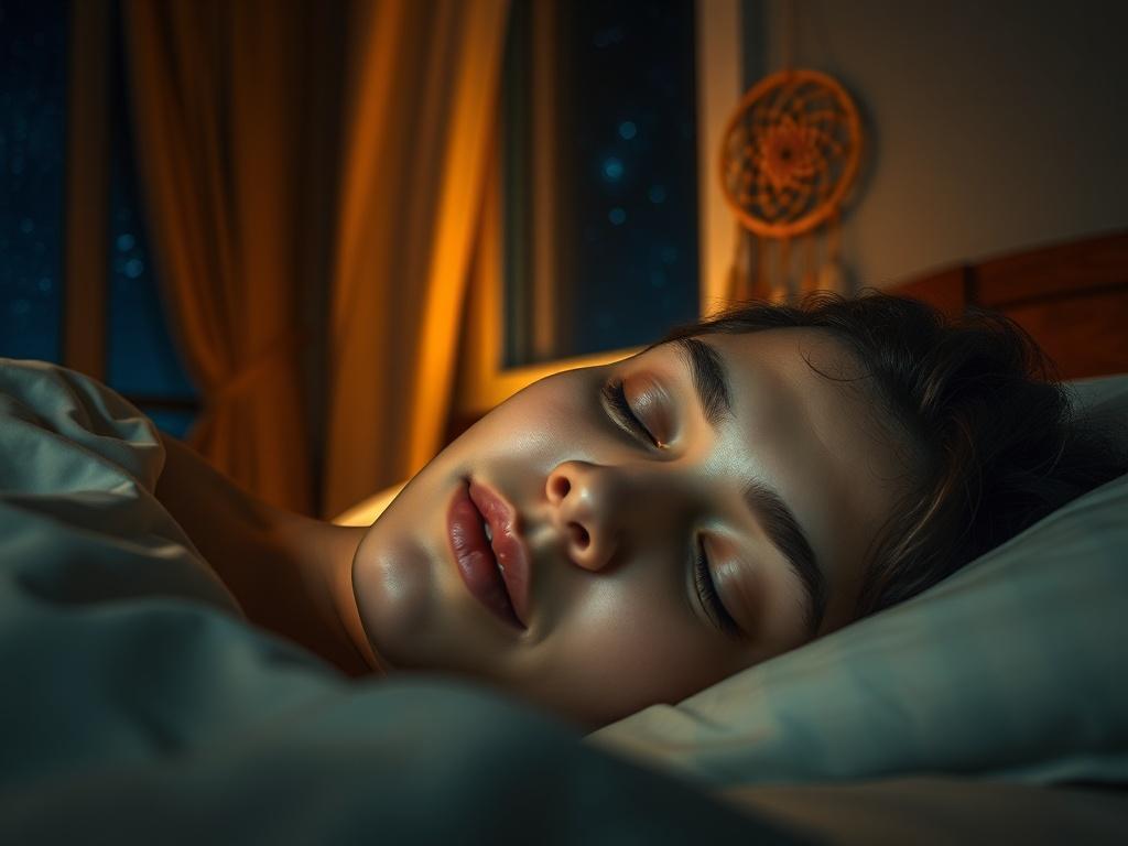 A serene bedroom scene at night, focusing on a person peacefully sleeping with a soft expression, capturing the essence of dreaming. The room is dimly lit with warm ambient light, and a window shows a starry night sky outside. A dreamcatcher hangs in the background, symbolizing the analysis of dreams. The subject's face is presented in close-up, showcasing a relaxed demeanor, evoking a sense of tranquility and introspection. The composition is clear and simple, with a focus on the peaceful expression of the
