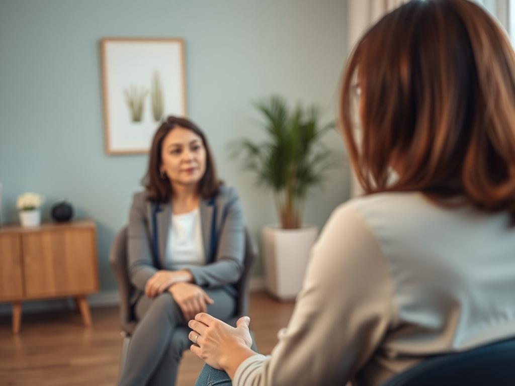 A close-up shot of a compassionate counselor sitting across from a client in a serene office environment. The counselor is listening intently, creating a safe and supportive atmosphere. The background features calming colors and soft lighting, emphasizing a sense of comfort and trust. The focus is on the interaction between the counselor and client, highlighting the importance of connection in the recovery journey.