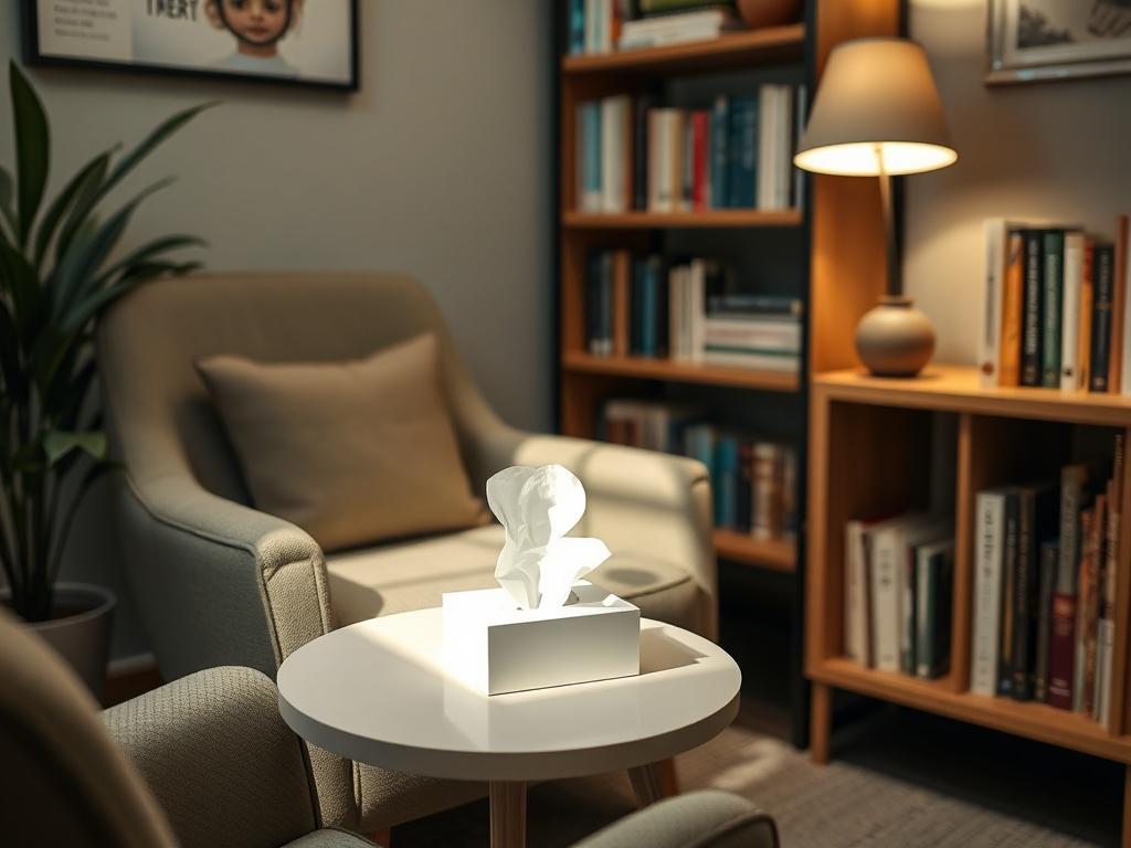 A close-up shot of a comforting, inviting office space designed for counseling. The image features a cozy armchair with soft lighting, a small table with a box of tissues, and a bookshelf filled with mental health resources. The color scheme includes calming greens and neutrals, reflecting a peaceful atmosphere. The background should be simple and uncluttered, focusing on the warmth and tranquility of the counseling environment.