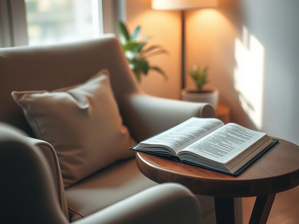 A serene counseling setting with a cozy armchair and a small wooden table holding an open Bible. A soft light filters through a window, casting a warm glow on the scene. The background is peaceful, featuring a potted plant and calming colors. The focus is on the open Bible, symbolizing the integration of faith in counseling.