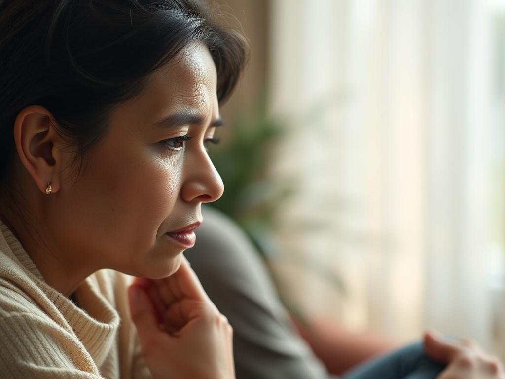A close-up shot of a serene and focused individual sitting in a peaceful setting, reflecting on their healing journey. The background should feature soft, natural elements like greenery and light, creating a calming atmosphere. The subject should convey a sense of hope and emotional strength, with gentle lighting highlighting their facial expression, shot with a 45mm f/1.2 lens.