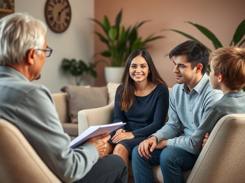 A close-up shot of a family therapist sitting in a cozy, well-lit counseling room, engaging in a conversation with two family members. The therapist is a middle-aged individual with a warm smile, holding a notepad. The family members, a mother and a teenage son, are sitting across from the therapist, looking attentive and open. The background features a soft, calming color palette with plants and comfortable seating, creating an inviting atmosphere. The focus is on the interaction, conveying a sense of trus