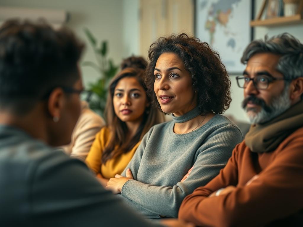 A close-up shot of a diverse group of adults in a supportive classroom setting, engaged in a discussion about trauma. The atmosphere is warm and inviting, with soft lighting and comfortable seating. The focus is on one individual speaking, conveying emotion and sincerity, while others listen attentively. The background features a simple, calming decor, enhancing the sense of connection and understanding. The overall color palette includes shades of green and neutral tones, reflecting a sense of healing and 