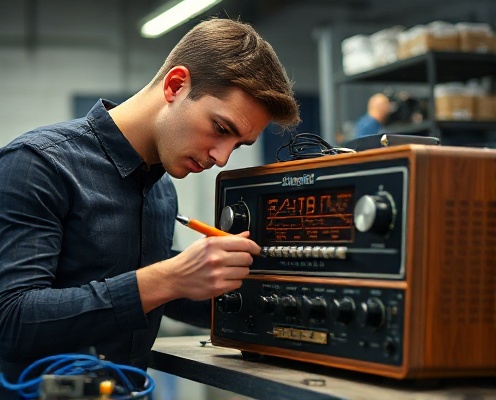 Technician repairing vintage radio