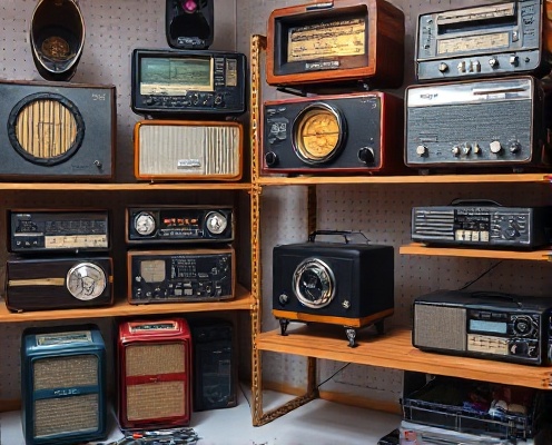 Array of repaired radios displayed on shelves
