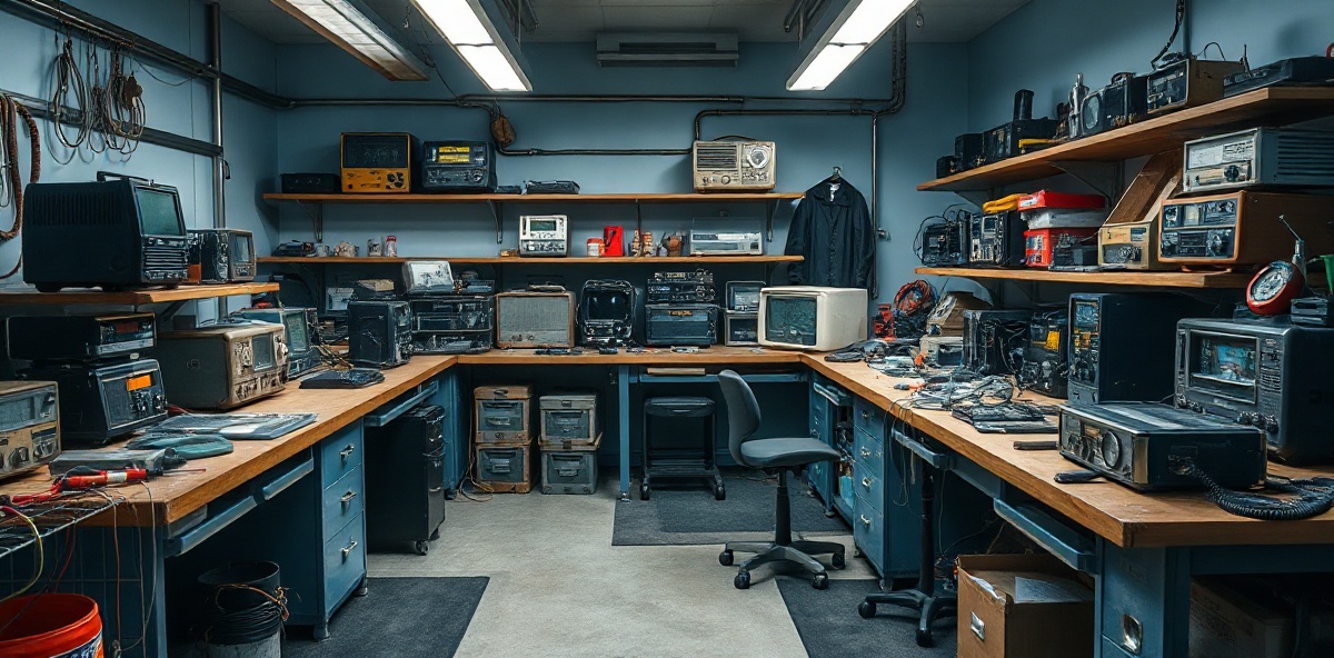 Professional radio repair workshop with diagnostic equipment