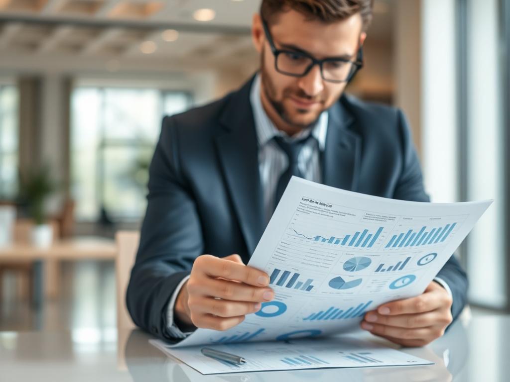 Business professional intently reviewing a white paper with data-driven insights
