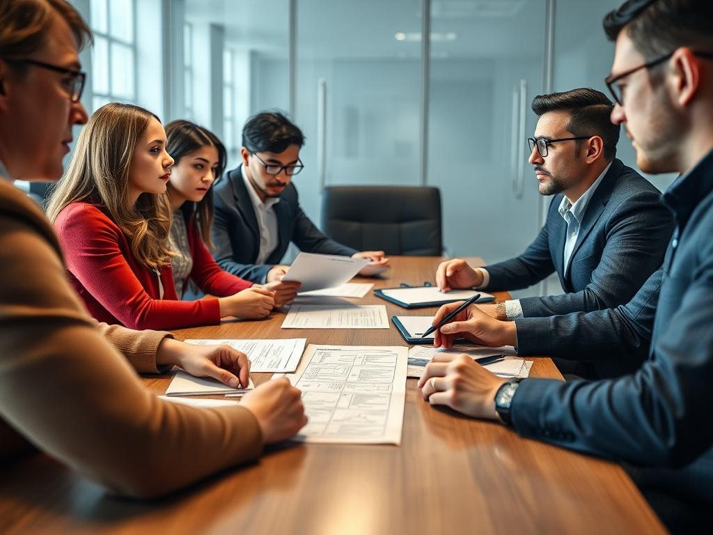 A close-up shot of a team in a boardroom engaged in a discussion with crisis management documents on the table. The environment is professional, with a focus on collaboration and strategy development.