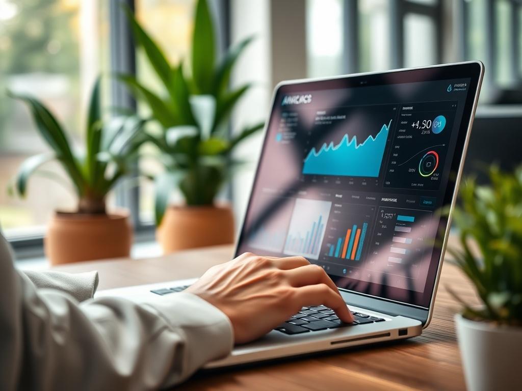 A close-up of a person using a laptop with graphs and analytics displayed on the screen. The background is a modern office setting, with soft lighting and plants. The focus is on the screen showing data analytics, highlighting the importance of AI in media monitoring.