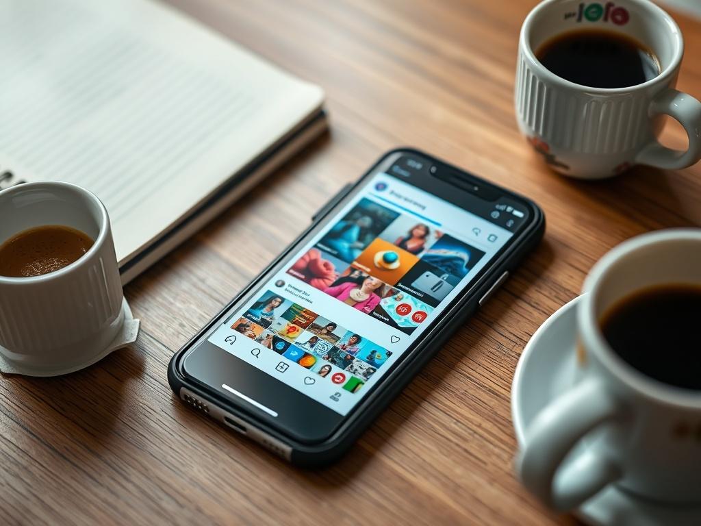 A close-up of a smartphone displaying a vibrant social media feed, surrounded by coffee cups and notebooks on a casual workspace desk. The image emphasizes the importance of social media in modern communication.