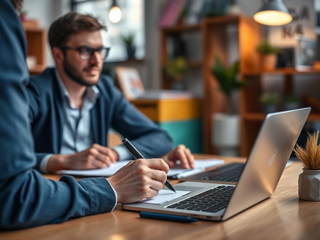 A close-up shot of a creative professional brainstorming brand storytelling ideas with a digital notepad and a laptop. The workspace is vibrant and inspiring. Shot with a 45mm f/1.2 lens.