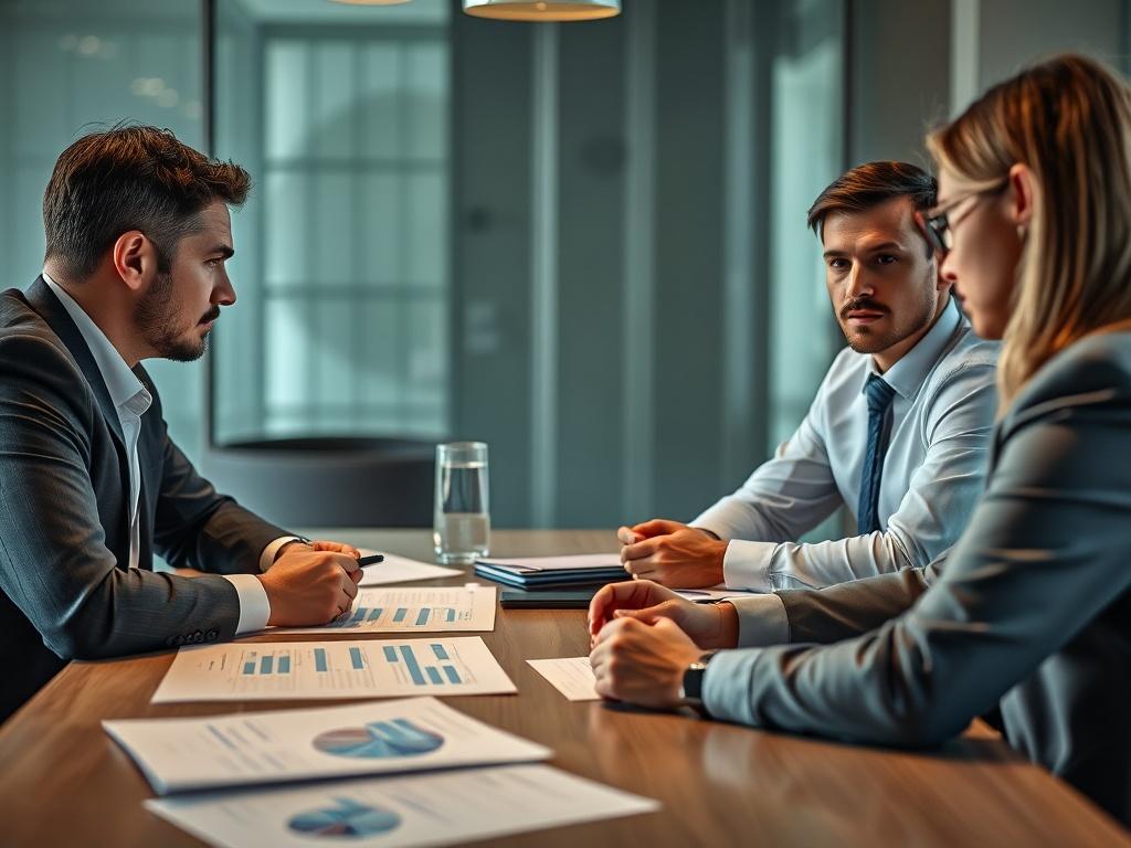 A close-up shot of a business team in a meeting discussing crisis communication strategies, with charts and documents on the table. The atmosphere is serious yet focused. Shot with a 45mm f/1.2 lens.