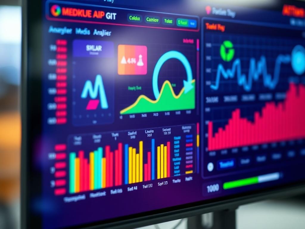 A close-up shot of a digital screen displaying an AI interface analyzing media data, with vibrant colors and a modern design. The background is softly blurred, focusing on the screen's content. Shot with a 45mm f/1.2 lens.