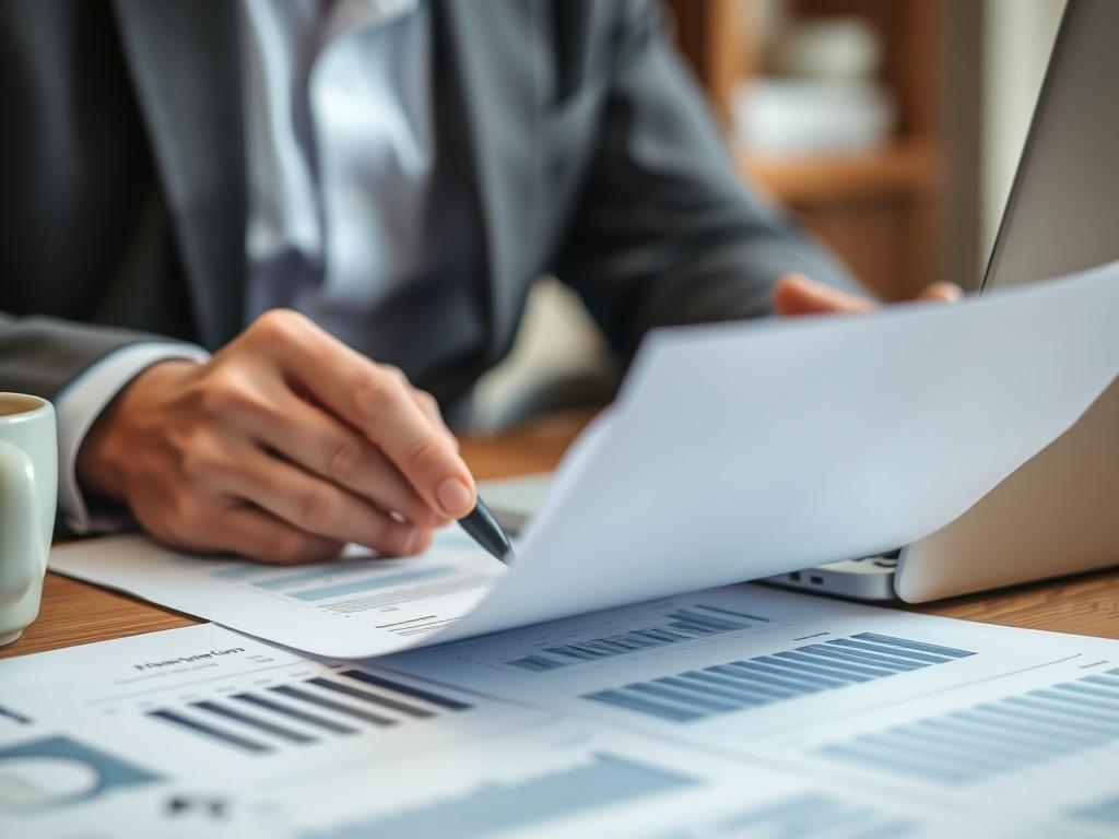 A close up shot of a business owner reviewing financial
