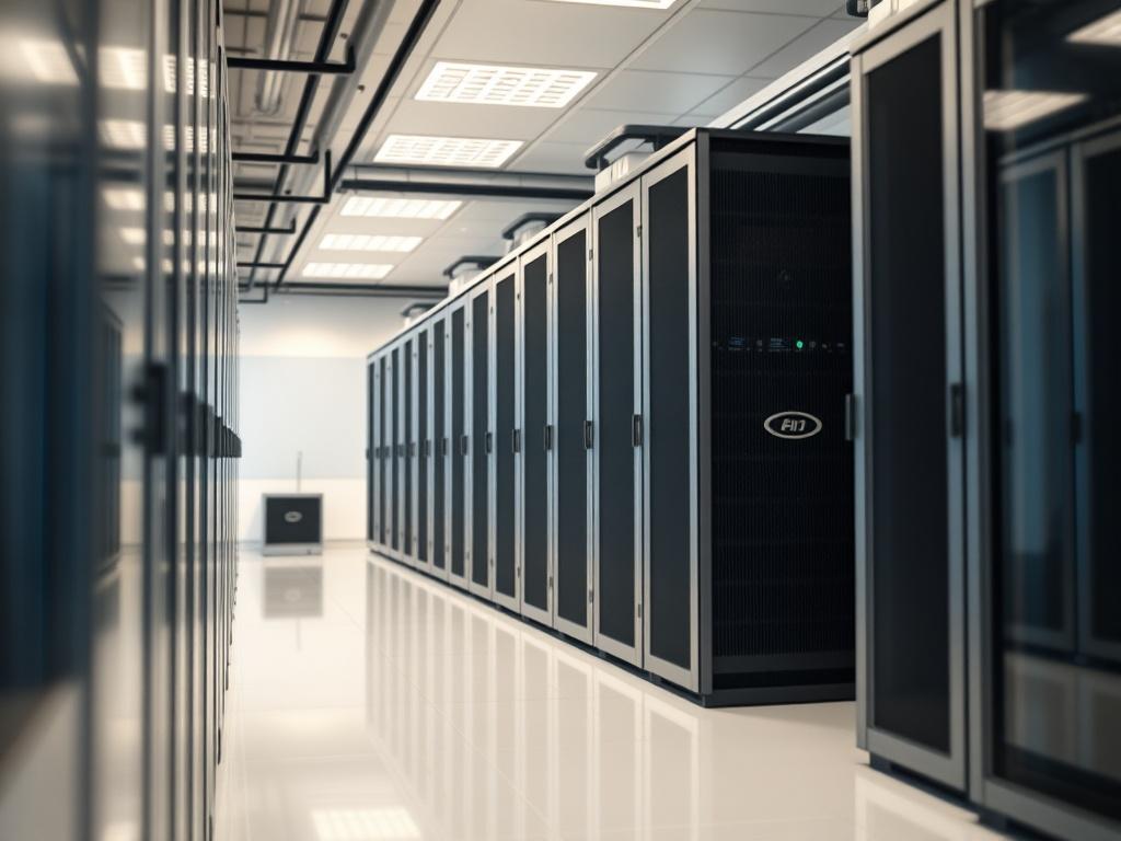 A realistic high-resolution photo of a modern water-cooled data center, showcasing sleek, high-tech design elements. The image should focus on a single data center unit, featuring advanced cooling systems and a clean, efficient layout. The background should be subtly blurred to emphasize the subject, with a color palette that harmonizes with the primary color rgb(251, 203, 7). The lighting should be bright and inviting, highlighting the innovative features of the data center.