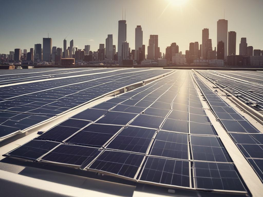 A close-up of a commercial solar panel array on a business rooftop, capturing the panels in the sunlight, with a modern city skyline in the background.