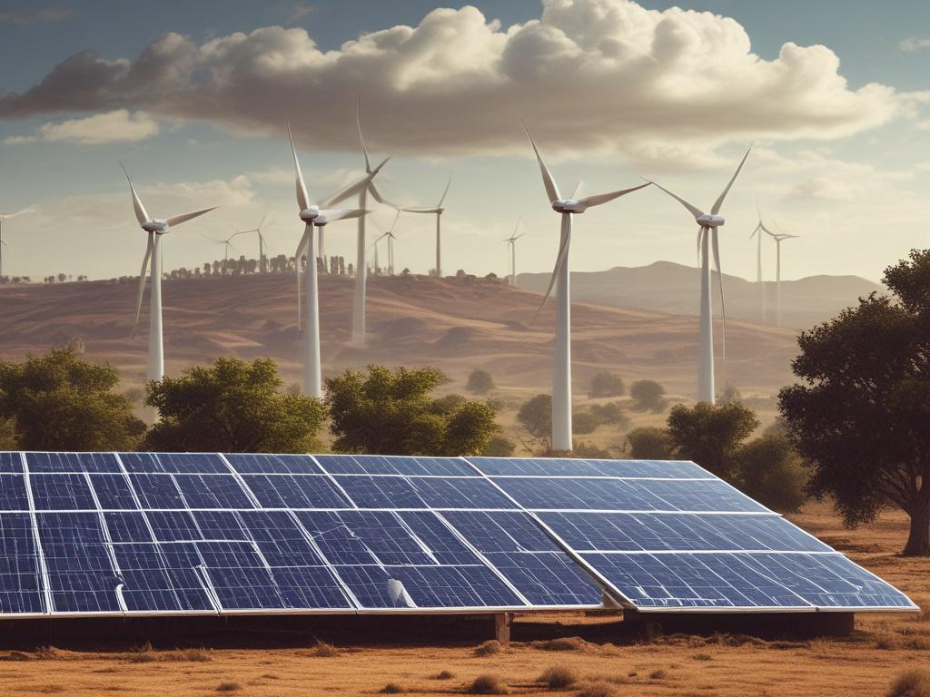 A close-up of a renewable energy installation in a tribal community setting, emphasizing solar panels and wind turbines, set against a backdrop of native landscapes.