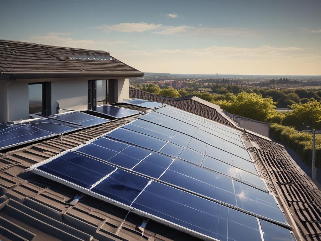 A close-up of a residential solar panel installation on a rooftop, bright sunlight illuminating the panels, showcasing their sleek design, surrounded by a clear blue sky.