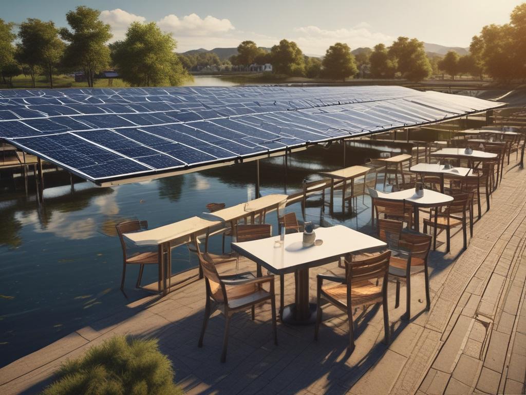 A large pond of floating solar panels situated near a restaurant and business park. The scene features outdoor patios with tables and chairs facing the water, showcasing a peaceful and inviting atmosphere. The sun is shining, reflecting off the water, creating a vibrant and dynamic environment. The background includes lush greenery and modern architectural elements of the business park, emphasizing a harmonious blend of nature and technology.